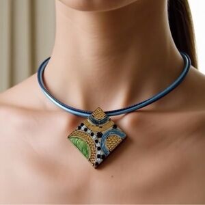 Square Enamel Crystal Pendant Necklace Multicolor Stripe Brass Tone Adjustable